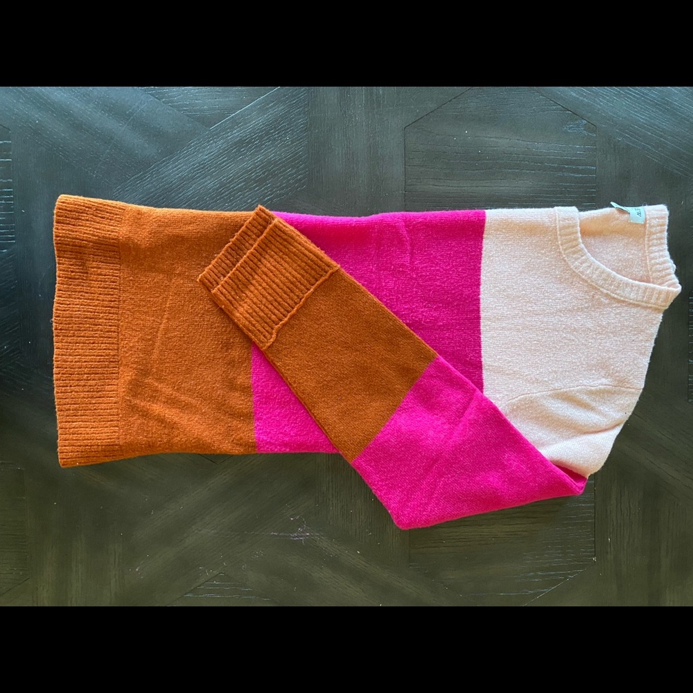 J. Crew Colorblock Crewneck Sweater in Rust, Hot Pink, and Cream